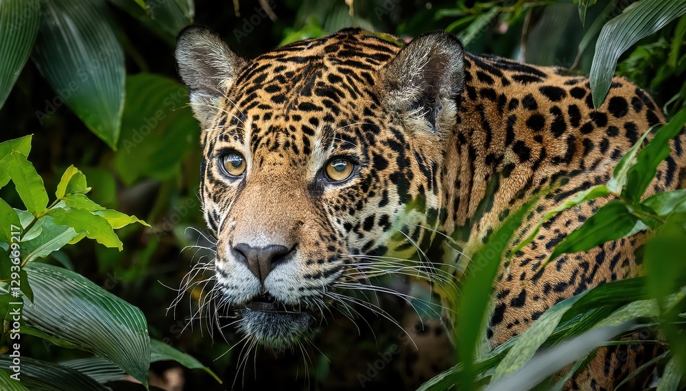 Obraz premium Jaguar Stealthily Hidden in Vibrant Tropical Rainforest Majestic Felid Camouflaged Amongst Lush Green Foliage and Rich Textures, Radiating a Powerful Energy in the Heart of the Jungle.