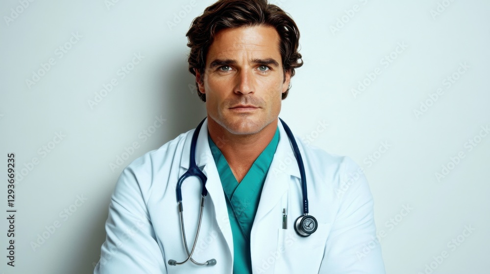 Handsome doctor looking at the camera, strong and professional presence, white background Handsome doctor looking at the camera, strong and professional presence, white background