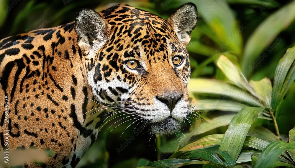 Obraz premium Jaguar Lurking in Lush Tropical Foliage, Majestically Blending with Earthy Greens and Amber Hues under Dappled Sunlight, an Enigmatic Portrayal of Wildlife in a Primeval Rainforest