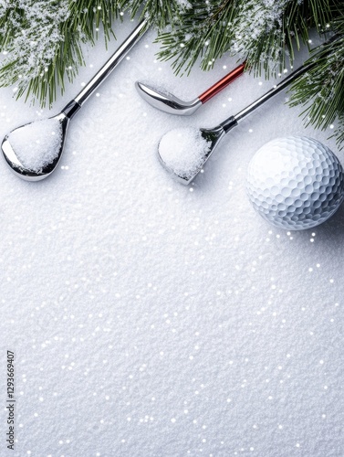 Snowy Greens Golf Clubs and Ball - Winter golf scene with snow-covered clubs, a golf ball, and pine branches. Symbolizing winter sports, leisure, holidays, precision, and achievement