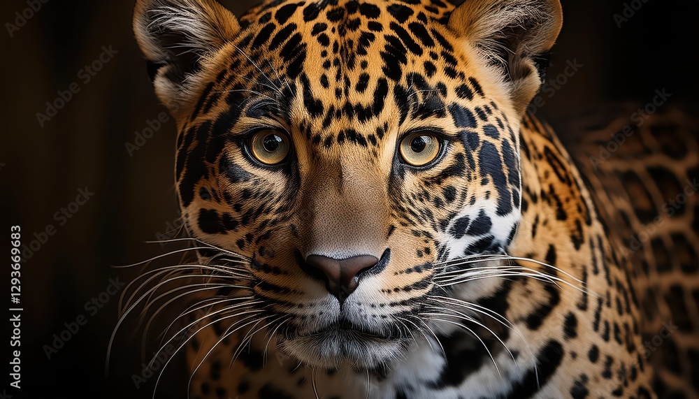 Naklejka premium Jaguar Portrait at Dusk Majestic Felid Basking in the Glowing Savannah with Striking Orange Hues and Vibrant Textures, Exuding Power and Elegance.