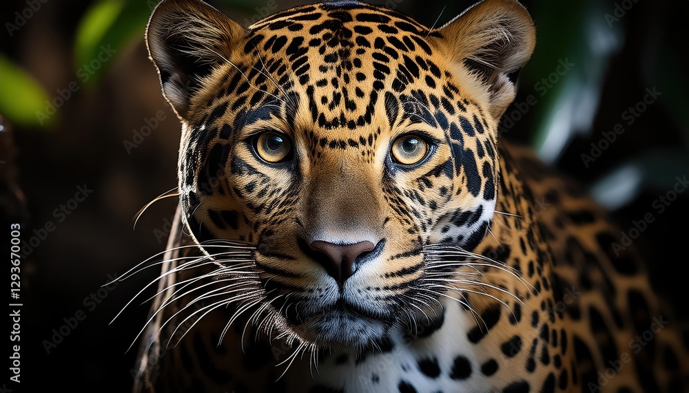 Obraz premium Jaguar in Serengeti Savannah, Majestic and Powerful Feline Stalking Prey amidst Golden Grasses, A Spectacular Scene of African Wildlife at Dusk