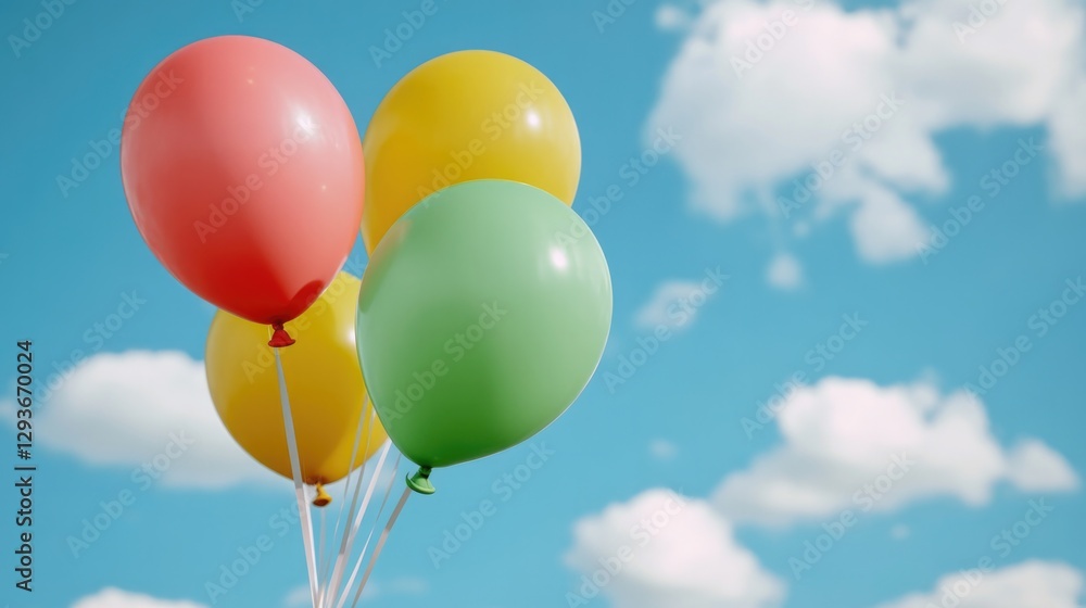 Bright balloons float against clear blue sky, radiating joy and Bright balloons float against clear blue sky, radiating joy and
