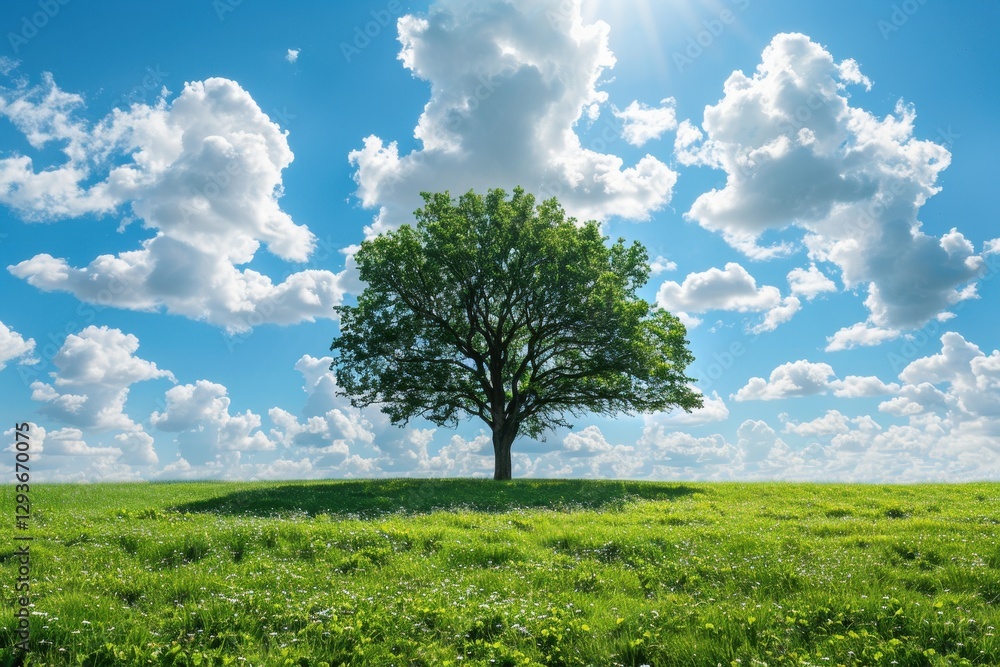 Single tree in a vibrant green field under a bright summer sky Single tree in a vibrant green field under a bright summer sky