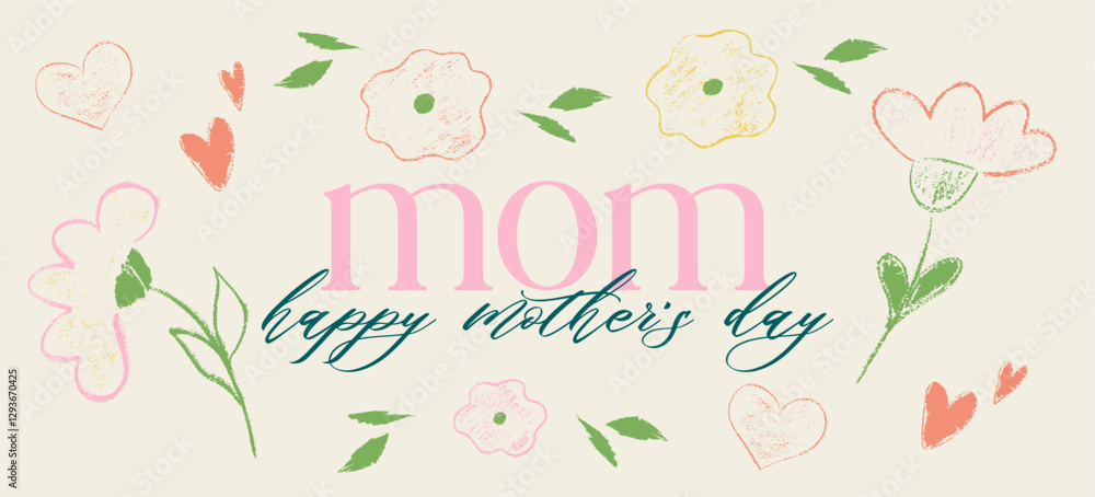 Trendy crayon Mother's Day in nude, beige color. Spring crayon flower for holiday design. Mother day design with chalk texture. Vector illustration template Trendy crayon Mother's Day in nude, beige color. Spring crayon flower for holiday design. Mother day design with chalk texture. Vector illustration template