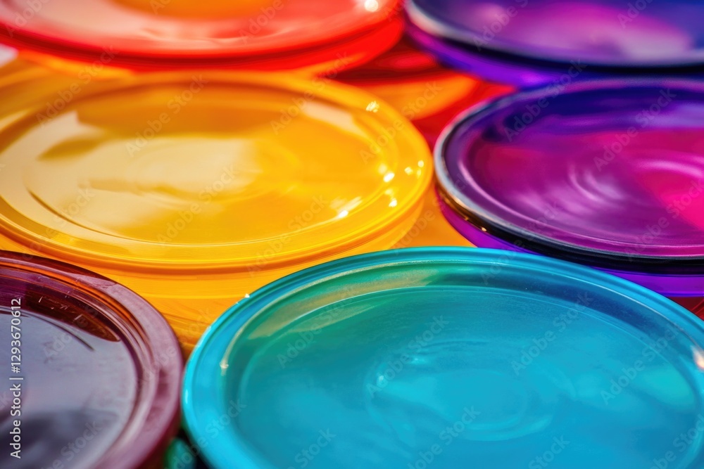 Multiple colorful dinner plates in a close-up view Multiple colorful dinner plates in a close-up view