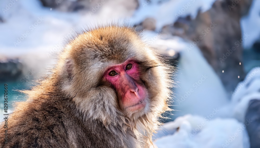 Japanese Snow Monkey Frolicking in Hot Spring at Jigokudan Park, Yasuki, Nagano Prefecture, Capturing the Harmony between Wildlife and Tradition amidst Winters Charm. Japanese Snow Monkey Frolicking in Hot Spring at Jigokudan Park, Yasuki, Nagano Prefecture, Capturing the Harmony between Wildlife and Tradition amidst Winters Charm.