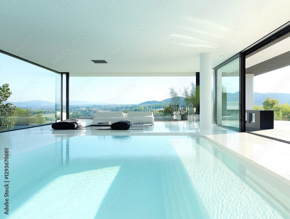 Fototapeta premium A large swimming pool with a view of the mountains. The pool is surrounded by white furniture and a few potted plants