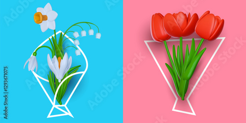 Set of bouquets with realistic 3d spring flowers narcissus, crocus, tulip, snowdrop and flat silhouette paper package. Creative bright botanical composition. Vector illustration.