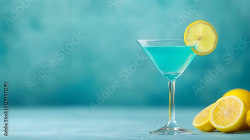 Refreshing blue cocktail with lemon slice beach bar beverage image tropical vibe close-up summer indulgence