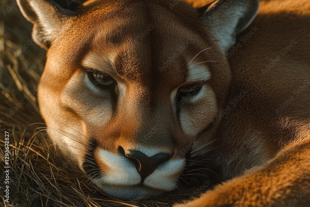 Fototapeta premium A close-up view of a mountain lion resting on the ground, its fur blending with the surrounding terrain