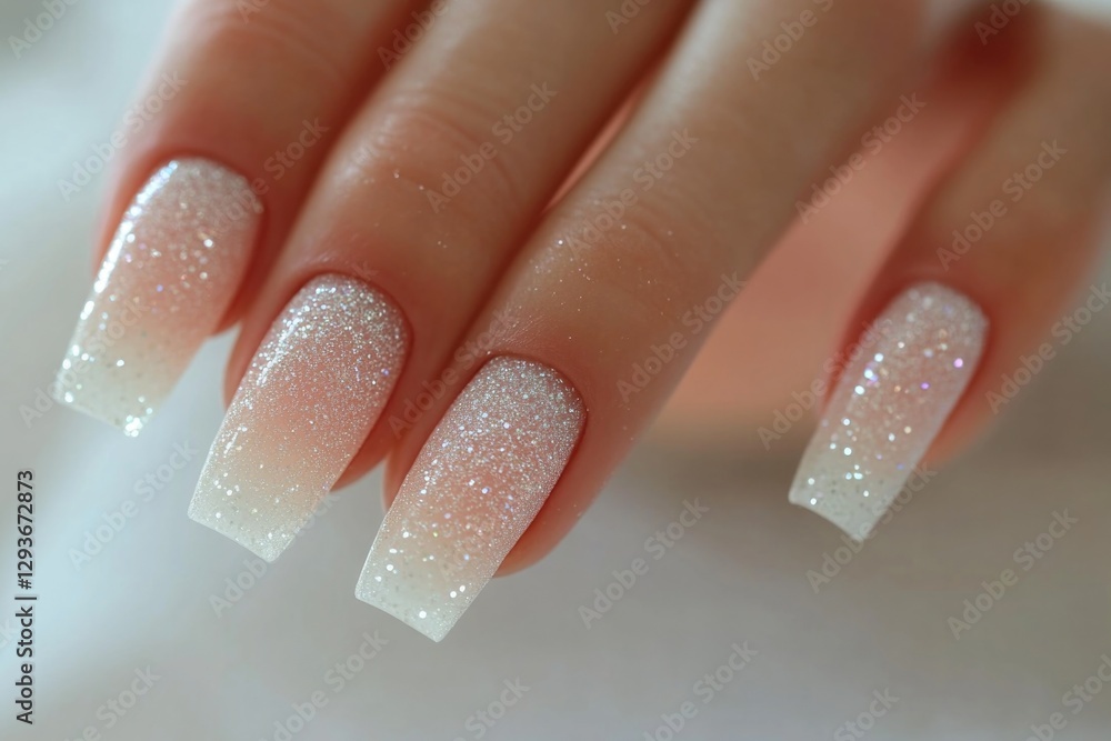 Close-up shot of a person's hand with a beautifully done white and silver manicure Close-up shot of a person's hand with a beautifully done white and silver manicure