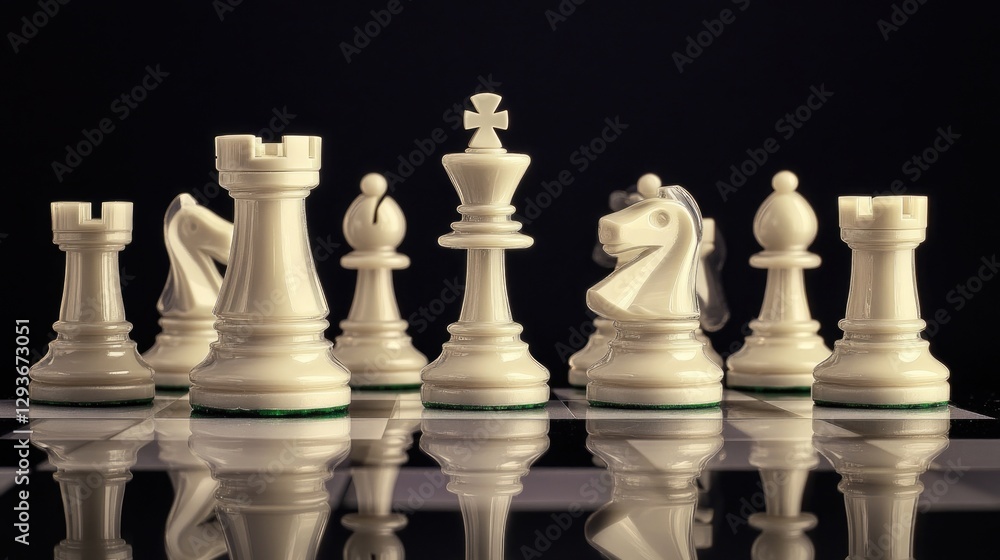 A collection of chess pieces arranged on a sleek glass table A collection of chess pieces arranged on a sleek glass table