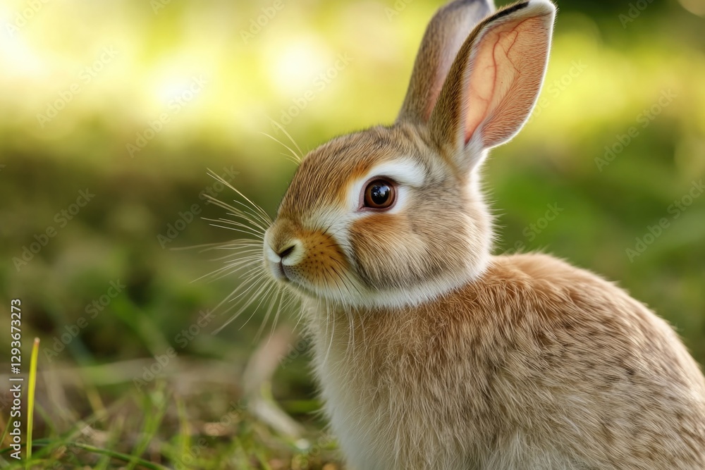 Fototapeta premium A small rabbit sits on the edge of a vibrant green field, surrounded by nature