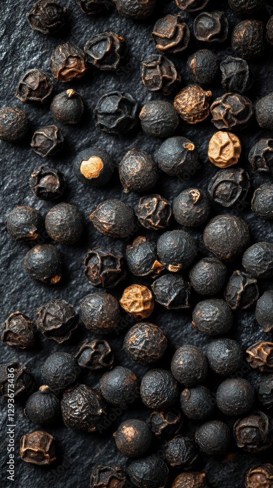 Top view of black coriander seeds against a black pepper background highlighting their unique texture and form Top view of black coriander seeds against a black pepper background highlighting their unique texture and form