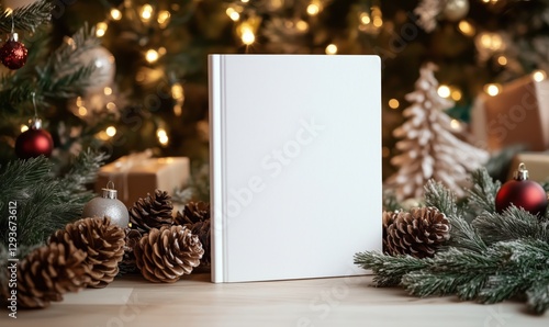 Blank white book cover surrounded by Christmas decorations and pine cones