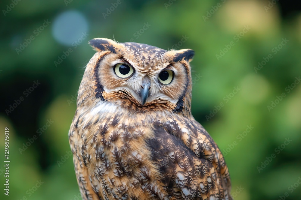 Fototapeta premium A close-up view of an owl perched on a branch, looking straight ahead