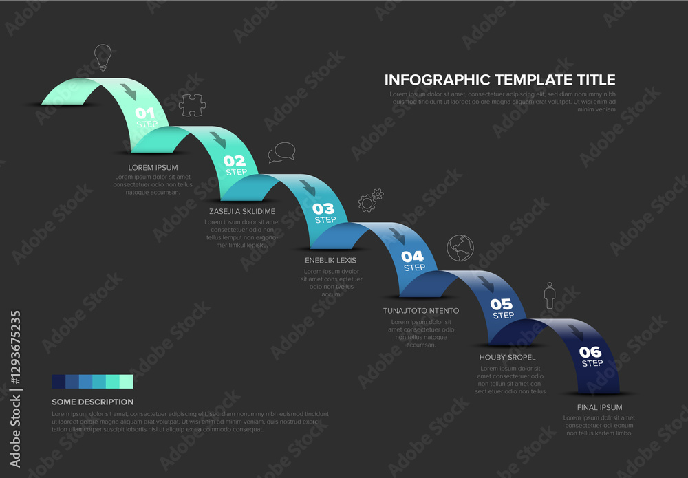 Colorful Six-Step blue Jumps diagonal Infographic Template
