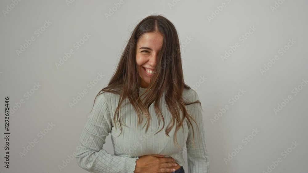 Woman laughing joyfully over isolated white background, capturing happy and expressive moment of young hispanic female in casual clothing for stock image. Woman laughing joyfully over isolated white background, capturing happy and expressive moment of young hispanic female in casual clothing for stock image.