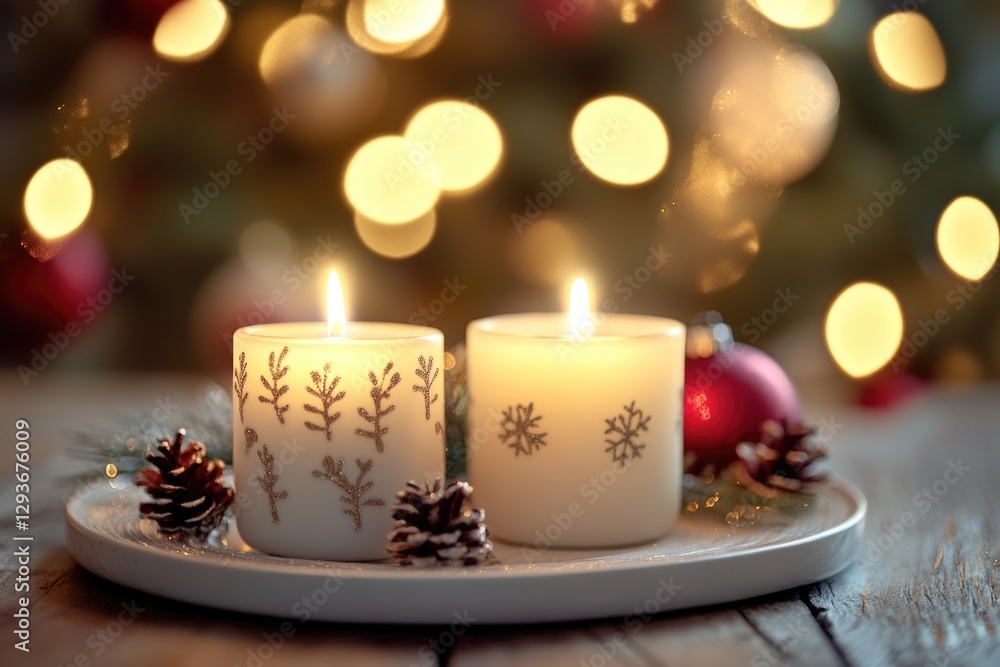 A simple yet elegant setup of two lit candles on a plate, perfect for decorating any occasion A simple yet elegant setup of two lit candles on a plate, perfect for decorating any occasion