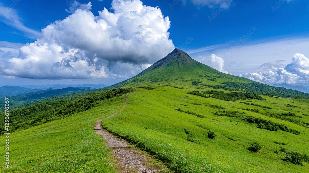 Fototapeta premium Green grassy hill with breathtaking view of mountains under clear blue sky in remote natural landscape