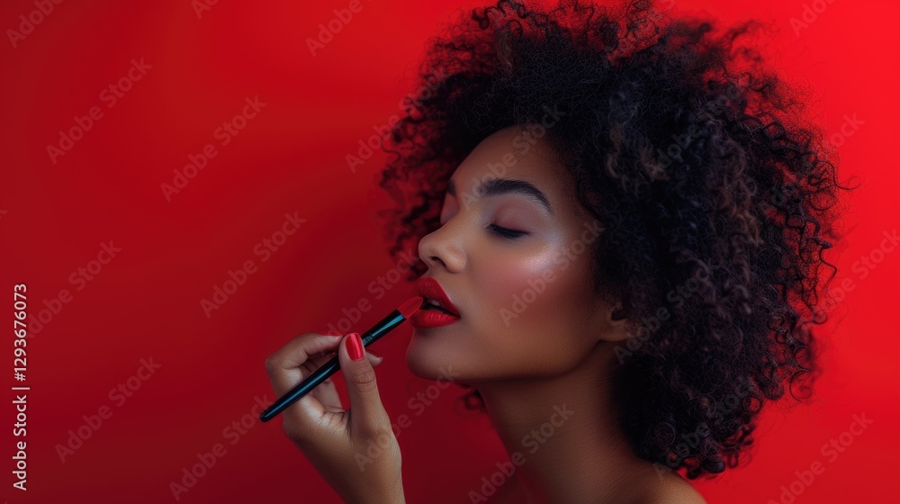 Fototapeta premium Applying bold red lipstick against a vibrant red backdrop