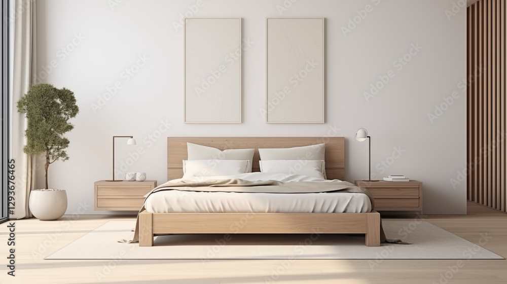 Fototapeta premium Chambre à coucher, plan sur un lit de couleurs claires et épurées, dans les tons blanc et beige. Drap, oreiller, couverture. Décorations, lumières douces. Pour conception et création graphique.