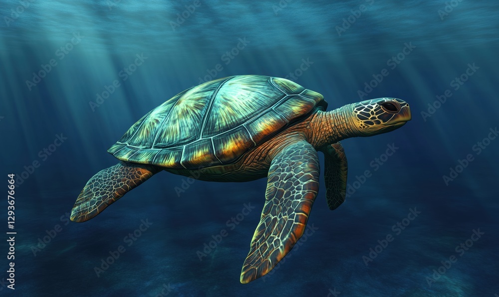 Obraz premium Realistic 3D rendering of a sea turtle swimming in deep ocean waters