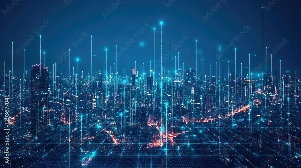 Fototapeta premium Futuristic Cityscape, Digital Network and Urban Lights