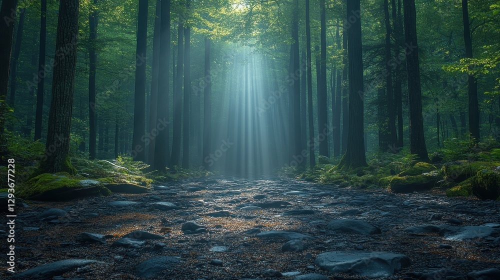 Obraz premium Sunbeams in a Misty Forest Path