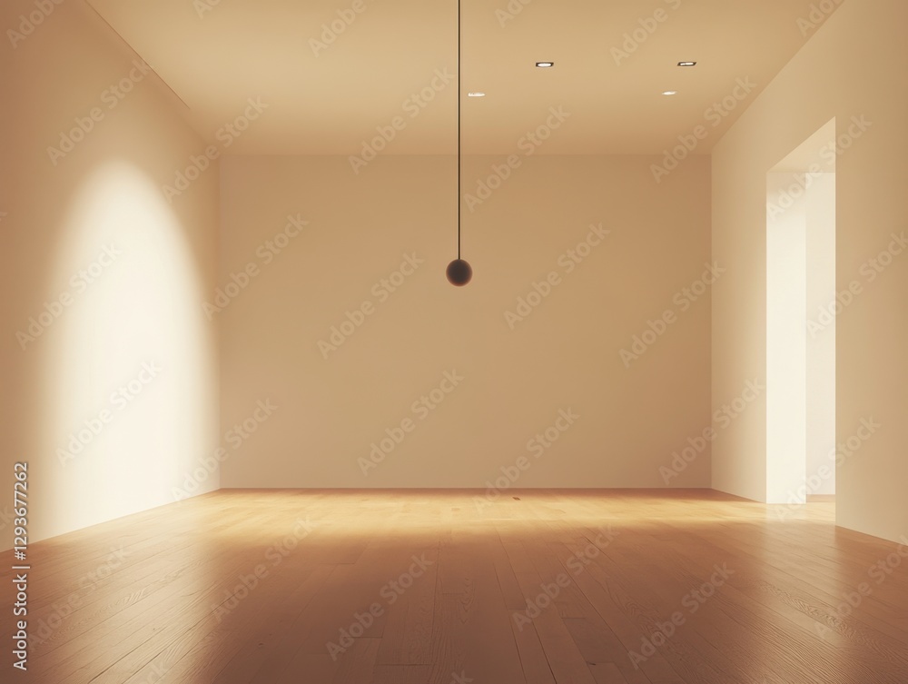 A room with a white wall and a light shining on it. There is a ball hanging from the ceiling A room with a white wall and a light shining on it. There is a ball hanging from the ceiling