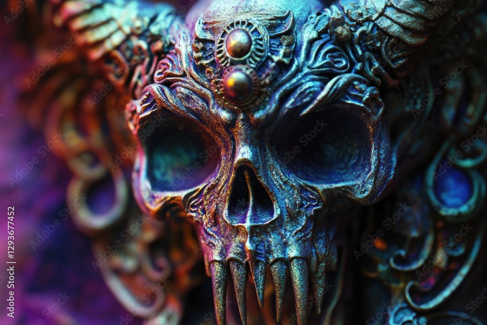 Fototapeta premium A close-up view of a statue featuring a skull with horns, suitable for use in dark or spooky-themed designs