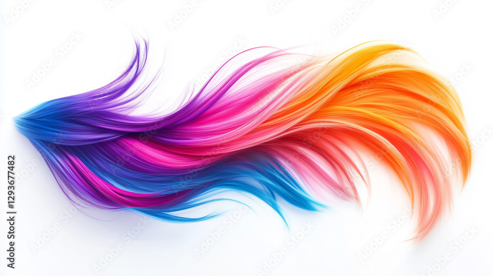 Fototapeta premium Vibrant strands of hair flowing in rich colors of purple, pink, blue, and orange against a white background. Generative AI
