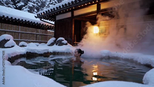 Japanese Woman in a Traditional Ryokan Onsen: A Serene Outdoor Hot Spring in a Snowy Winter Wonderland