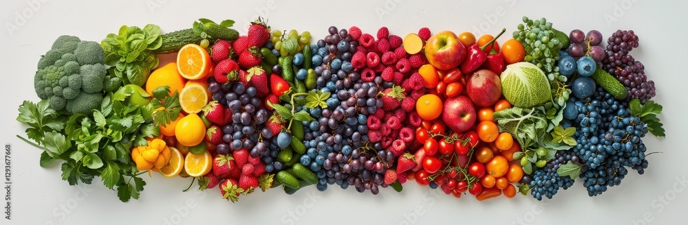 Vibrant Rainbow of Fresh Fruits and Vegetables Arranged in a Colorful Row Vibrant Rainbow of Fresh Fruits and Vegetables Arranged in a Colorful Row