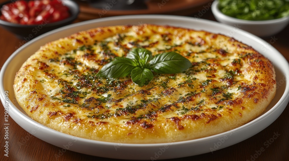 Cheesy, herb-topped flatbread on a plate Cheesy, herb-topped flatbread on a plate