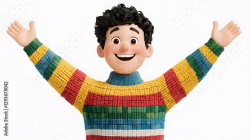 Joyful animated character celebrating digital art scene bright background whimsical environment cheerful concept