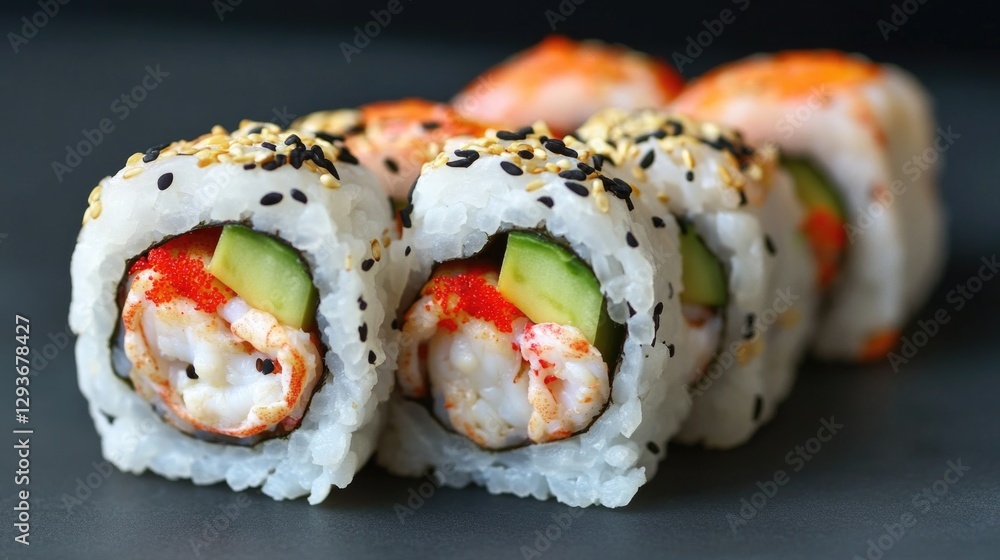 Fresh sushi roll filled with shrimp, avocado, and sesame seeds Fresh sushi roll filled with shrimp, avocado, and sesame seeds