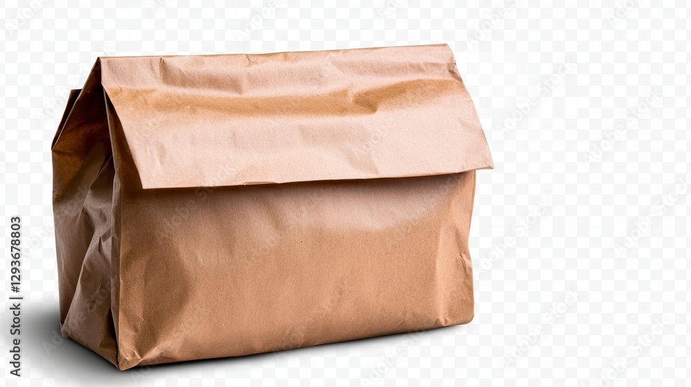 Obraz premium Brown paper lunch bag on a white background with a folded top for food packaging or takeaway use