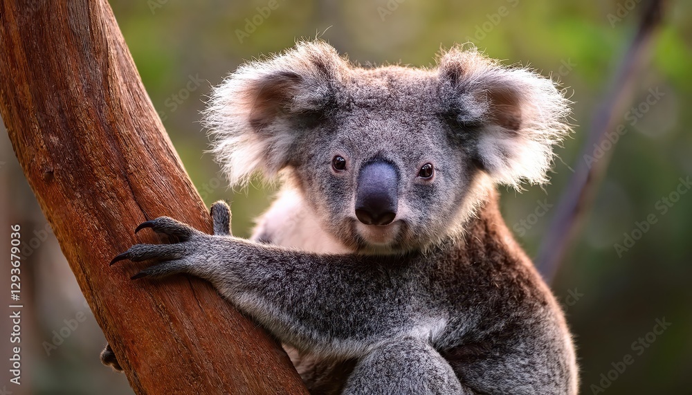 Naklejka premium Koala Phascolarctos cinereus Perched on Tree Branch in Australian Rainforest, Capturing Serene Tranquility and Striking Details with a Dash of Introspection