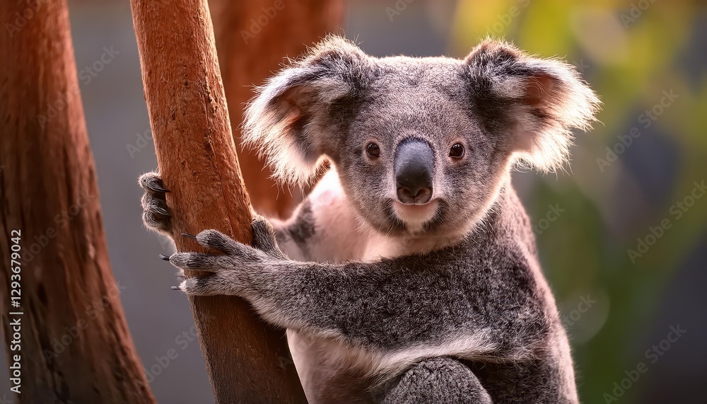 Naklejka premium Koala Phascolarctos cinereus Perched on Tree Branch in Serene Australian Rainforest, Displaying Calm and Contemplative Mien Amidst Vibrant Foliage.