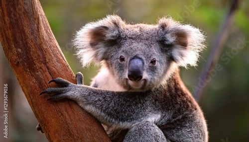 Koala Phascolarctos cinereus Perched on Tree Branch in Australian Rainforest, Capturing Serene Tranquility and Striking Details with a Dash of Introspection photo