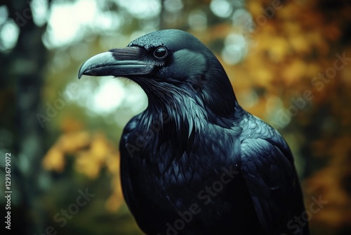 A close-up shot of a black bird perched on a tree branch