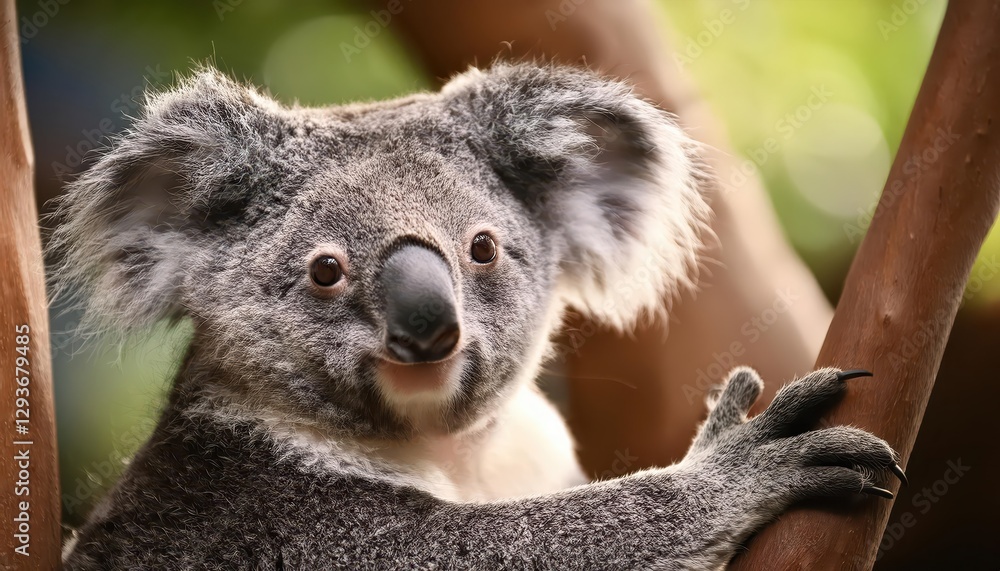 Naklejka premium Koala Bear Frolicking in Zoo Enclosure, Glimpse of Australias Cuddly Icon Set against a Lush Green Backdrop, Capturing the Playful Spirit and Gentle Nature of Koalas.