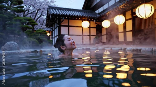Japanese Woman in a Traditional Ryokan Onsen: A Serene Outdoor Bath Under the Cherry Blossoms