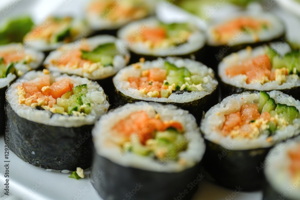 A fresh and colorful arrangement of sushi rolls topped with various vegetables, perfect for a quick and easy meal or as a garnish for any occasion A fresh and colorful arrangement of sushi rolls topped with various vegetables, perfect for a quick and easy meal or as a garnish for any occasion