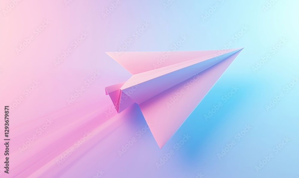 Fototapeta premium Colorful paper airplane soaring through pastel gradient background