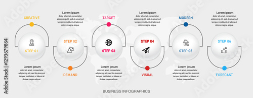 Circle vector infographic template with 6 steps and options for annual reports, presentations, advertising, chart. Modern business illustration.