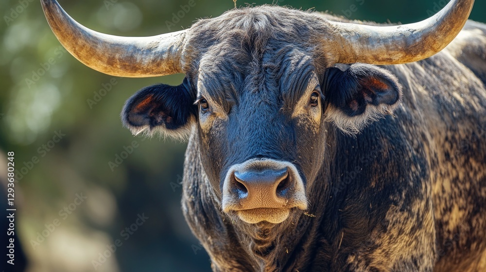 Close-up shot of a bull's head with prominent horns Close-up shot of a bull's head with prominent horns