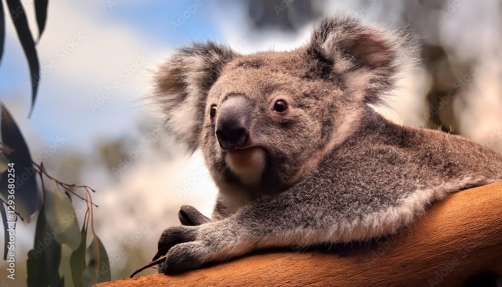 Fototapeta premium Koala in the Wilderness Majestic Koala Lounging among Gum Trees at Dusk, Capturing the Serene Beauty of Australias Outback